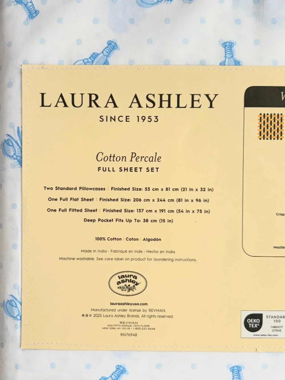 Laura Ashley FULL Size Blue Lobster Cotton Sheet Set crisp cotton percale